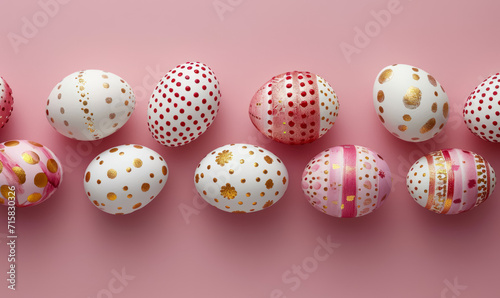 Dotted polka easter eggs with red soft hue and white,flat lay