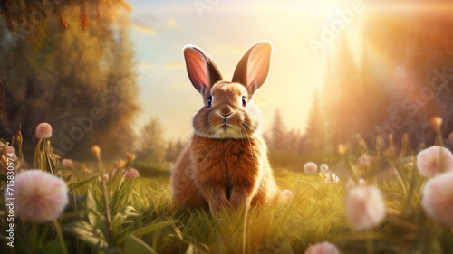 A easter bunny sits in the sunlight or beams in a meadow of a nature background 