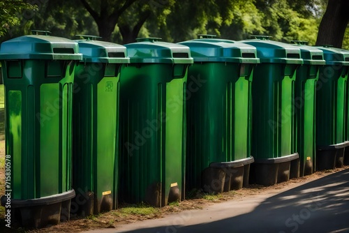 Green garbage boxes on the road in a row. 