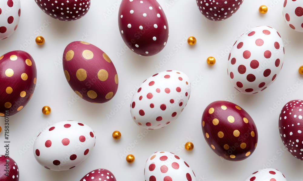 hand-painted easter eggs with polka dots and golden accents  with bordeaux on white background