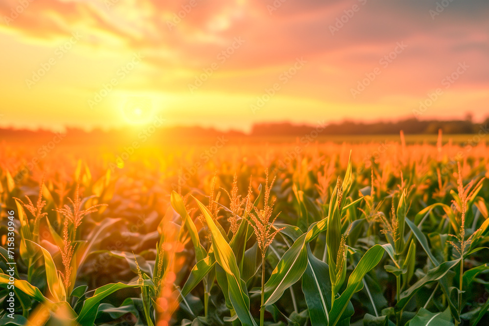 Green cornfield at sunset. Green cornfield at sunset.