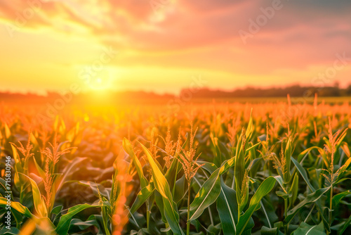 Green cornfield at sunset.