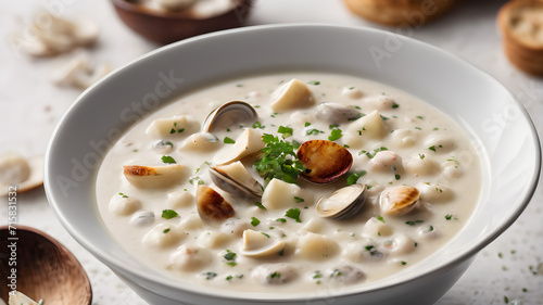 A bowl of Creamy clam chowder soup meal for dinner
