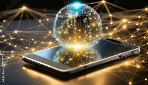 Smartfon z hologramem kuli ziemskiej i sieci połączeń. Cyberprzestrzeń.Motyw sztucznej inteligencji, rozwoju technologii i komunikacji, globalizacja. photo