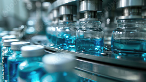 Close-up of numerous medical vials in a pharmaceutical manufacturing line