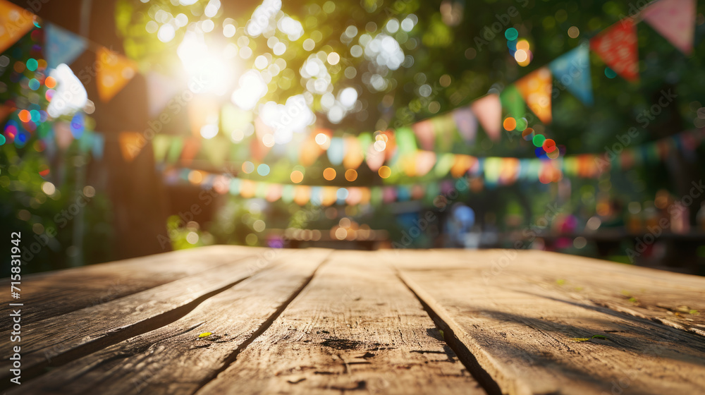 Wooden table scattered with colorful confetti and sprinkles, with a blurred background Wooden table scattered with colorful confetti and sprinkles, with a blurred background