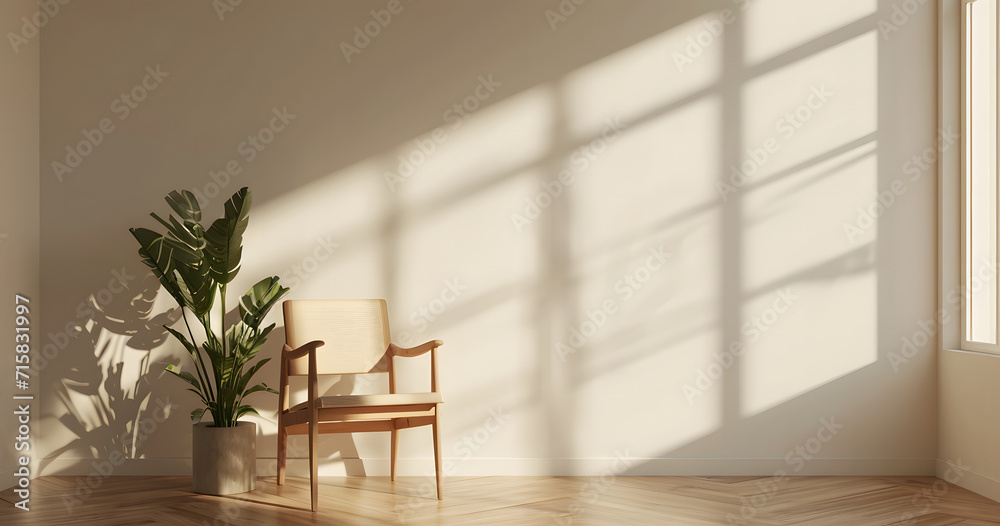 Interior room setting with an empty beige wall for mockups. Cozy chair sits beside a potted plant. Natural daylight filters in through a window, casting shadows. Minimalist background with copy space. Interior room setting with an empty beige wall for mockups. Cozy chair sits beside a potted plant. Natural daylight filters in through a window, casting shadows. Minimalist background with copy space.