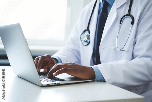 Doctor at laptop. Consultation by video call. Physician wearing uniform, stethoscope taking notes in medical journal, filling documents, patient illness history, looking at device screen photo