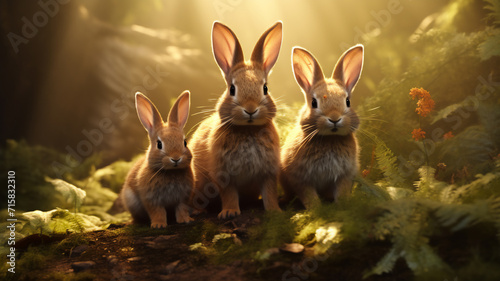A family of rabbits sits in the sunlight or beams on a patch of grass inside the forest, a medium shot of a nature background  © pangamedia