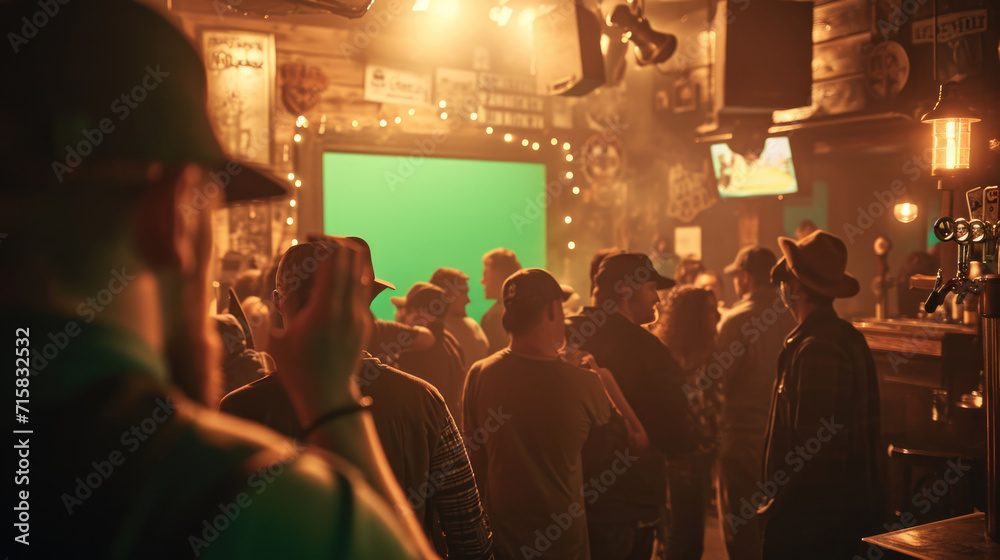 Group of people in a bar watching a television screen with a green chroma key screen