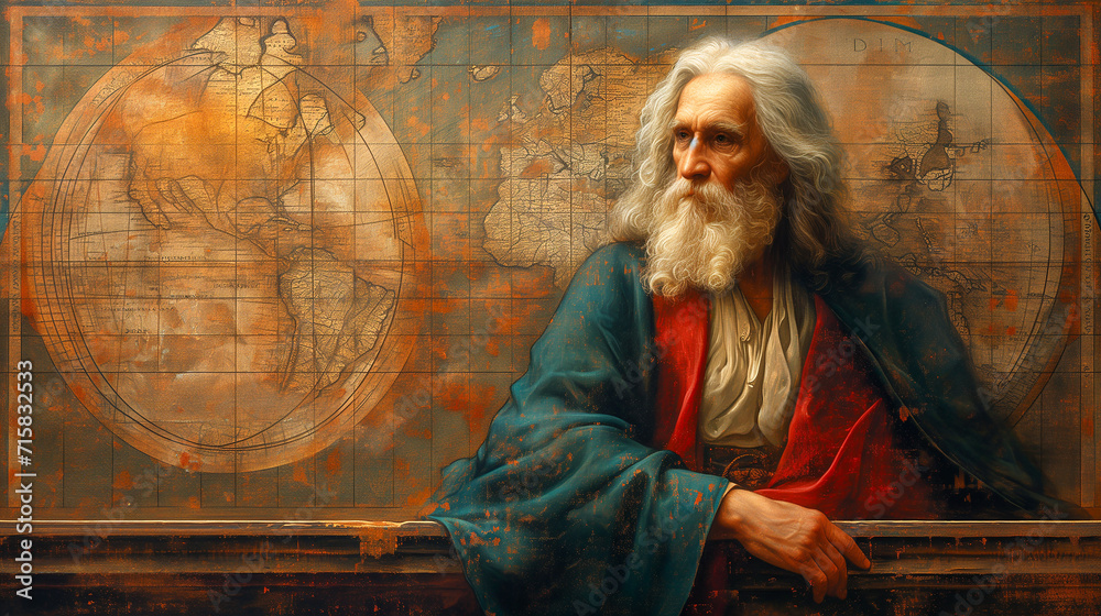 Leonardo da Vinci and the World Map, ai generated