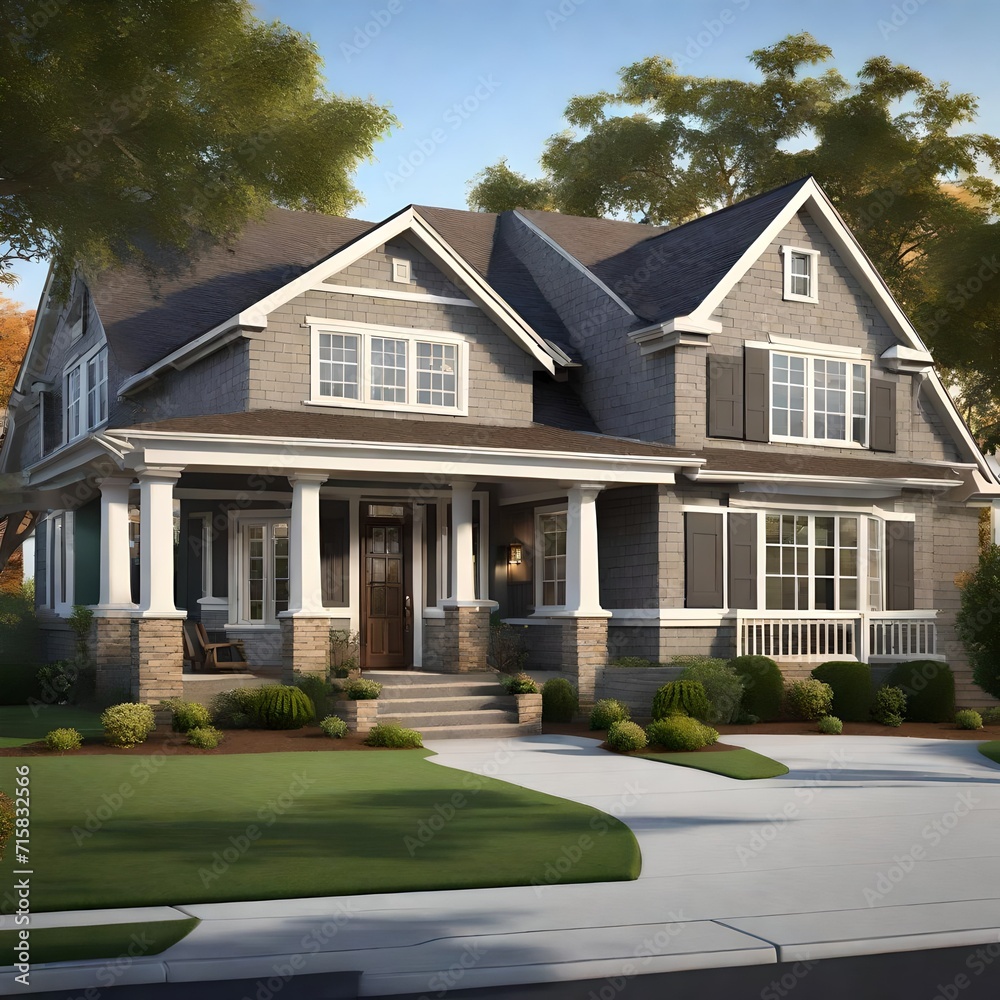  an American suburban home exterior, complete with a well-manicured lawn, a two-car garage, and classic architectural details