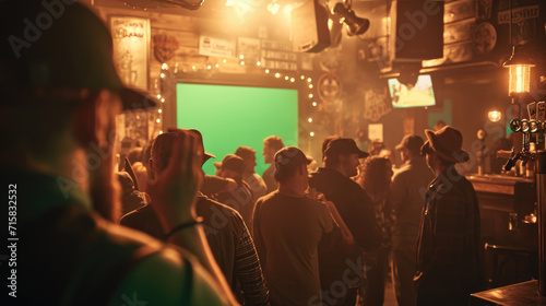 Group of people in a bar watching a television screen with a green chroma key screen