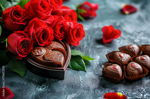 Celebration style of Valentine day roses and chocolate