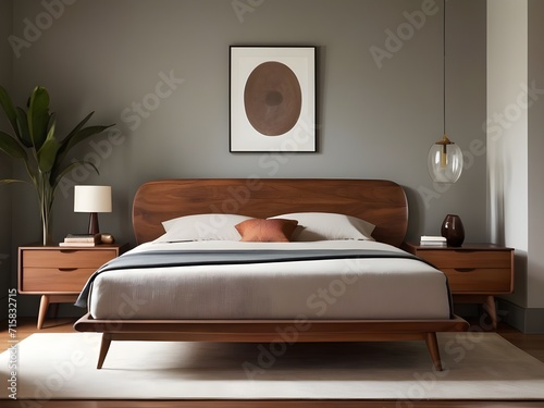 A comfortable mid-century modern bedroom with a low-profile platform bed, organically shaped nightstands, and a sleek dresser with tapered legs. Generative AI