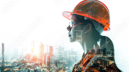 engineer man wearing protective helmet with double exposure city background. mixed media