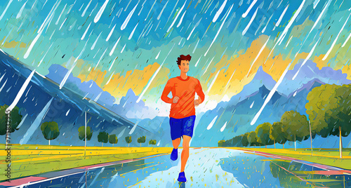 Generated imageA energetic scene depicting a man training and jogging on a rainy day of Morning photo