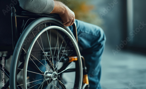 Man in wheelchair with physical disability mobility disorder. 