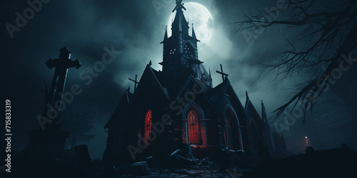 Halloween Horror Castle Graveyard Festive Border, Scary Vampire castle with moon and bats flying for Halloween with a cemetery night, Arafed gothic gothic castle photo