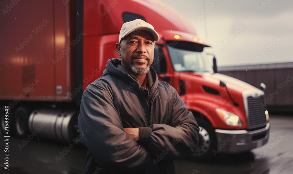 Portrait of afro american male truck driver standing in front of his truck