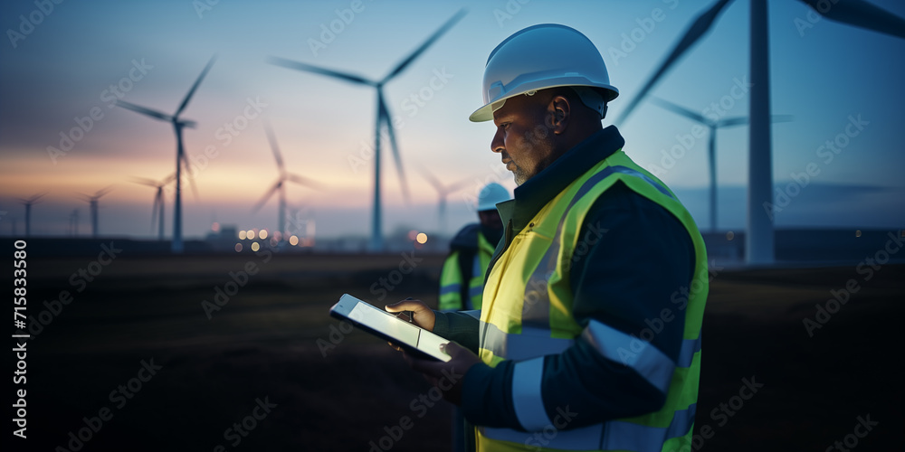 Engineer holding digital tablet  inspecting wind turbines