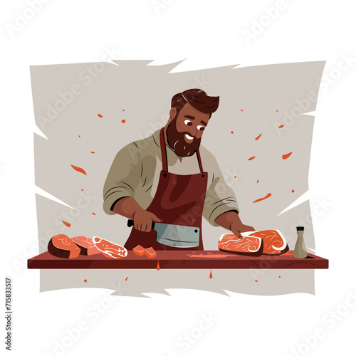 Man cuts meat. Cartoon butcher chef with knife mincing pork beef steak, professional cook preparing fresh meat for cooking. Vector flat illustration