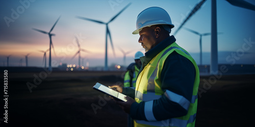 Engineer holding digital tablet inspecting wind turbines