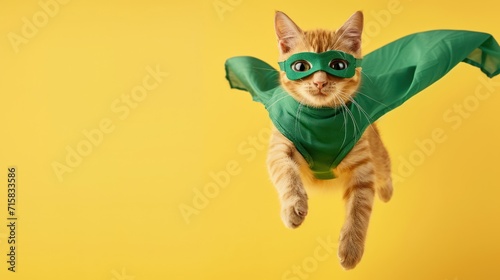 Cat superhero in Green Mask and Cape flying in yellow background photo