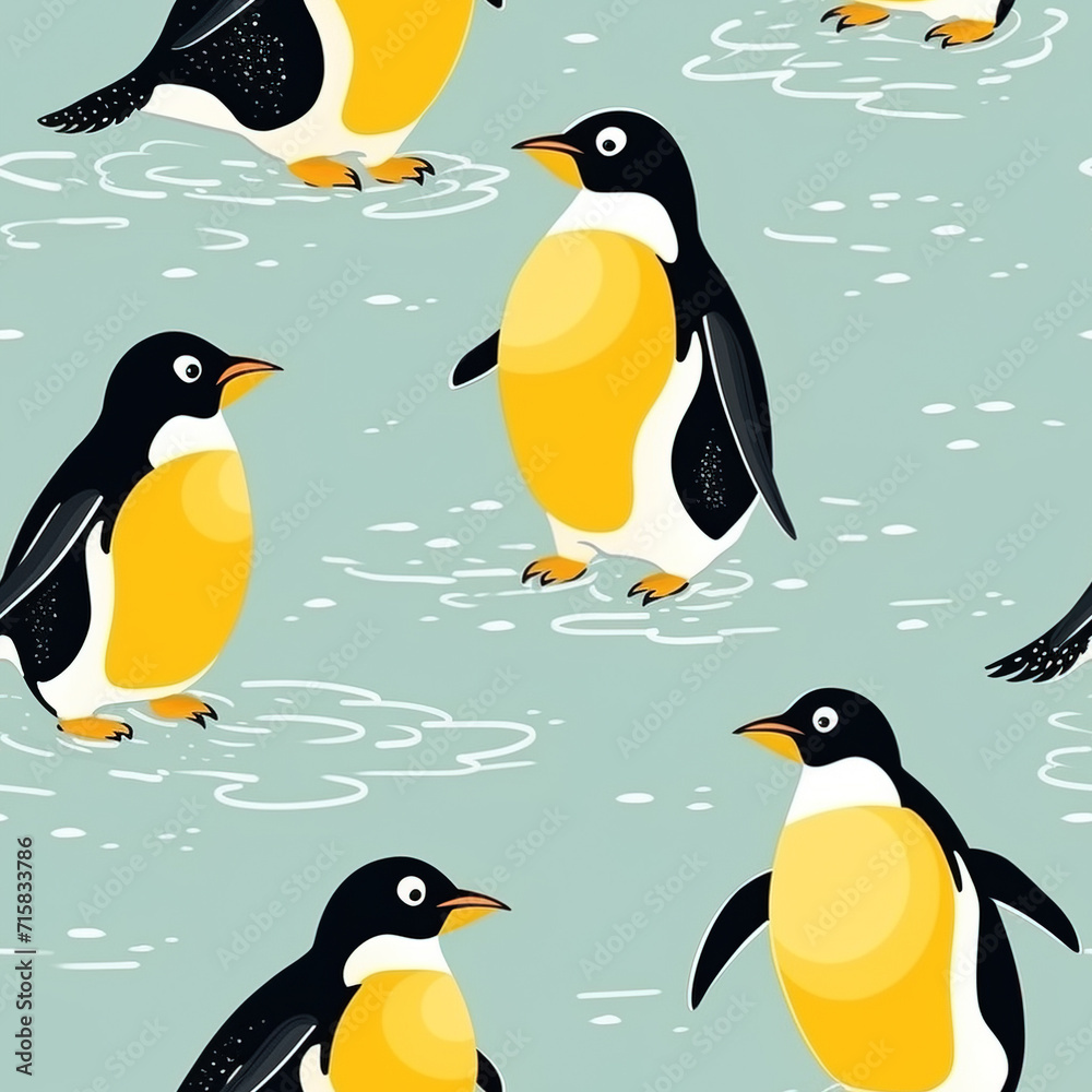 Fototapeta premium Cute penguins in yellow and black in seamless pattern