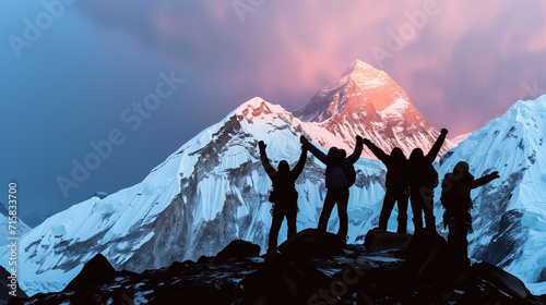 Group of people silhouette standing  with arms up in front of majestic mountain at sunset , achievement and success concepts photo