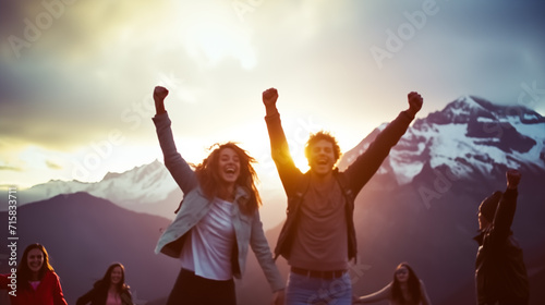 Fotografia Out of focus image of group of casual teenagers cheering and having a good time