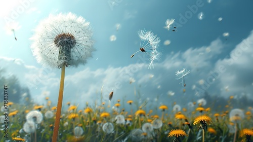 White dandelions are on a clean backdrop with a big copy space, Generative AI.