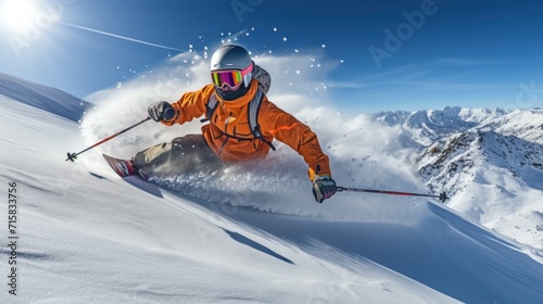 skier skillfully descends the slope, winter sports, tourism, health