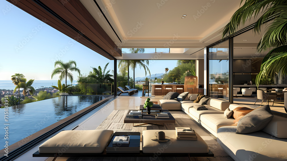 Fototapeta premium house with open front and infinity pool