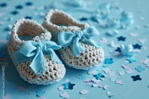 blue baby booties on a background filled with confetti, a wonderful way to celebrate new life