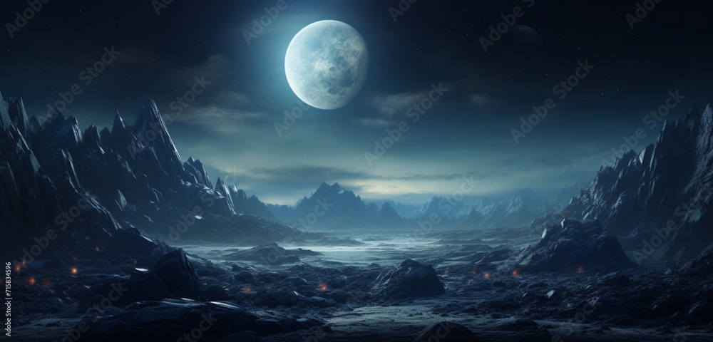 Mesmerizing lunar-like landscape with craters and rugged terrain under a starry night. - obrazy, fototapety, plakaty 