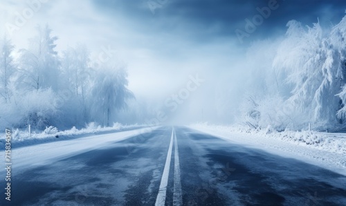 highway in winter weather, frozen, snowy and slippery road illustrates the dangers of driving in difficult weather conditions