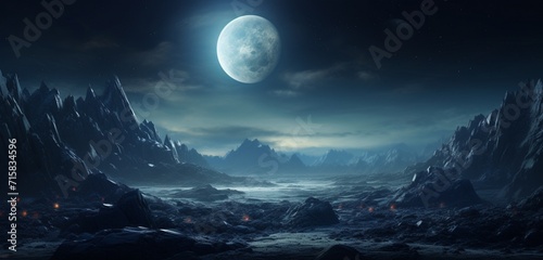 Mesmerizing lunar-like landscape with craters and rugged terrain under a starry night.