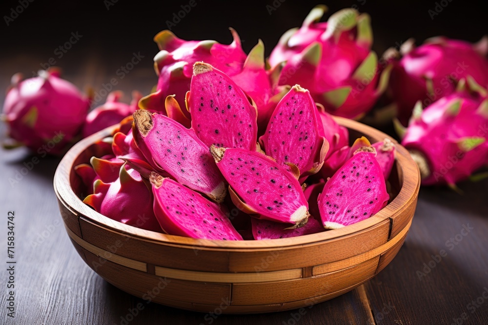 dragon fruit stuffed and sliced in a bowl on a dark floor, light pink and light brown style, bright coloring, dark purple dragon fruit stuffed and sliced in a bowl on a dark floor, light pink and light brown style, bright coloring, dark purple