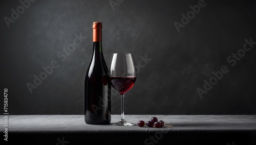 Wine bottle and glass in minimalist dark background