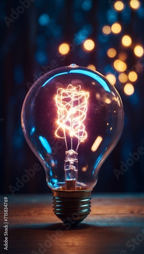 Fantasy lightbulb with sparkles and bokeh background. Technology and civilization concept. Copy space.
