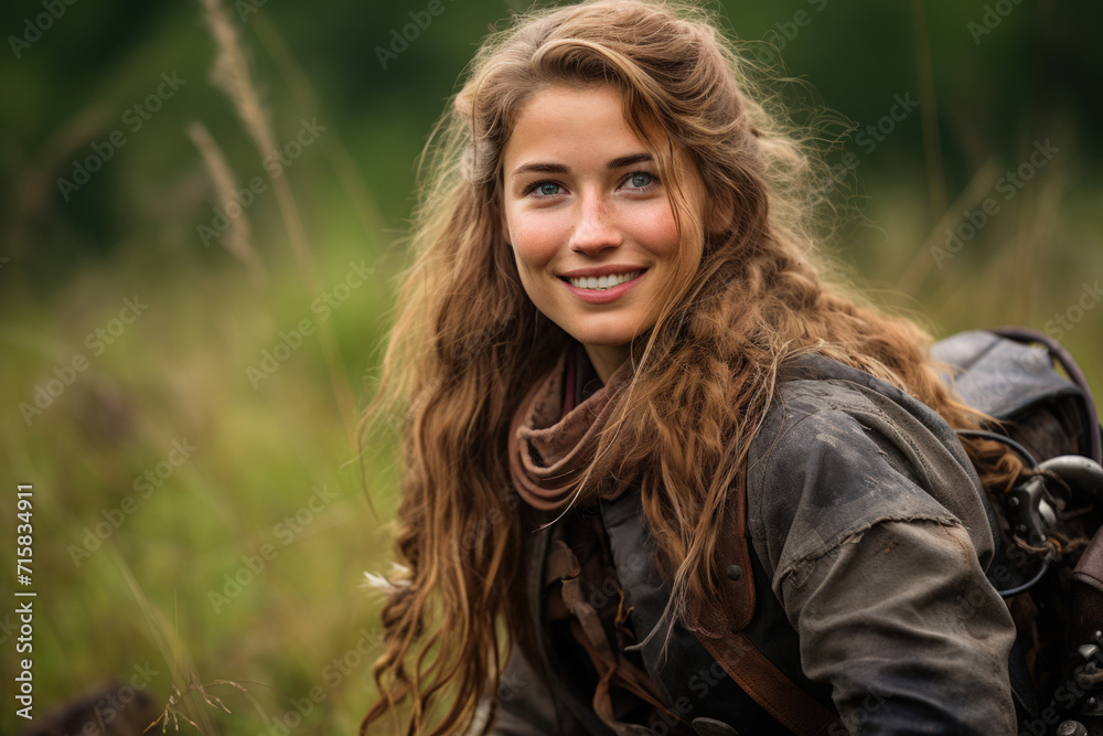 Woman with long, curly hair, smiling warmly amidst a lush green field Woman with long, curly hair, smiling warmly amidst a lush green field
