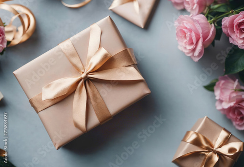 Gift box with a shiny golden ribbon, surrounded by soft pink flowers, offering a romantic and festive concept.