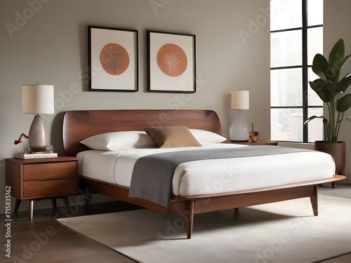 A comfortable mid-century modern bedroom with a low-profile platform bed, organically shaped nightstands, and a sleek dresser with tapered legs. Generative AI