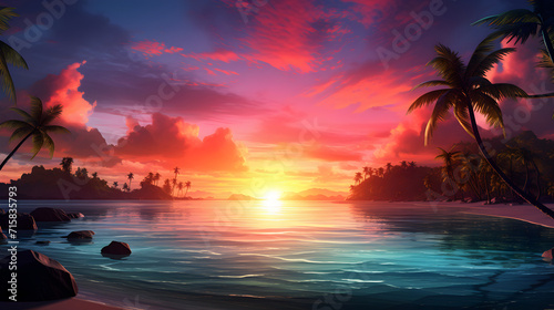 View of a beautiful tropical beach at sunset,, a sunset lofi scene high quality Free Photo