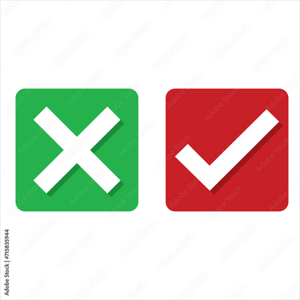 Set of red X and green check mark icons. Cross and tick symbols. Tick and cross sign. Green check mark and red X cross icon, Set of red X and green check mark icons. Cross and tick symbols. Tick and cross sign. Green check mark and red X cross icon,