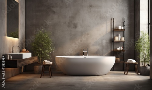 modern spacious bathroom with bathtub, microcement walls, living plants, wood trim and window photo