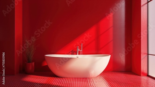 A red bathroom with a bathtub  modern design