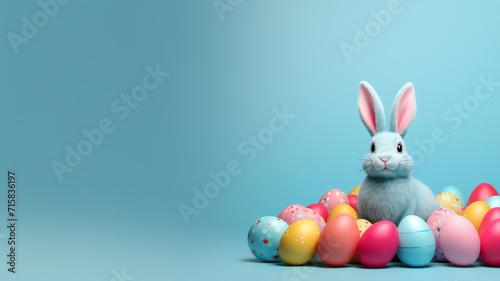 One colorful easter eggs and bunny ears on a isolated blue background 