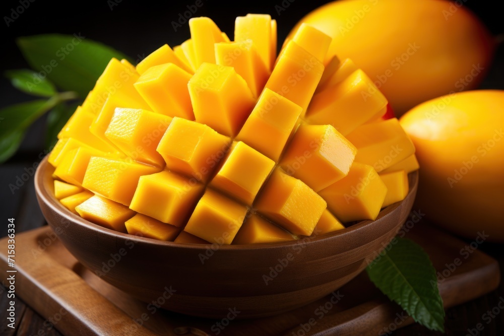 ripe mango fruit served in a wooden bowl